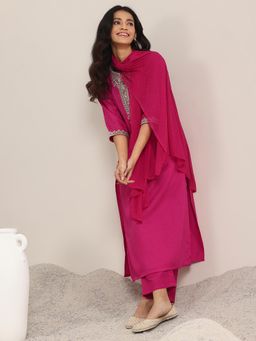 Libas - Pink Yoke Embellished Straight Kurta & Pant with Dupatta