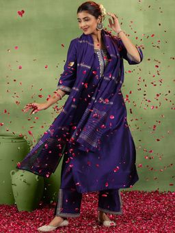 Libas - Purple Silk Blend Solid Straight Kurta & Pant with Dupatta (Set of 3)