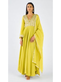 Basanti Kapde aur Koffee - Lime Chanderi Embroidered Anarkali Kurta With Pant And Dupatta