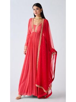 Basanti Kapde aur Koffee - Red Zari Work Anarkali Kurta With Pant And Dupatta