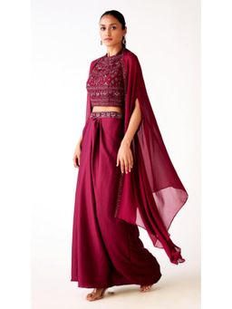 Basanti Kapde aur Koffee - Maroon Satin Embroidered Cape With Skirt And Bustier
