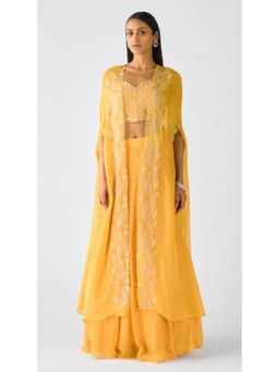 Basanti Kapde aur Koffee - Yellow Chiffon Embroidered Cape With Blouse And Sharara