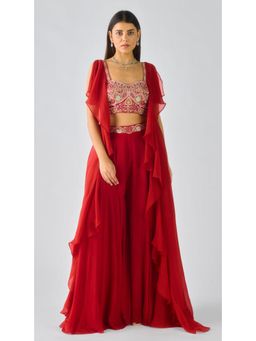 Basanti Kapde aur Koffee - Red Chiffon Embroidered Cape With Blouse And Sharara