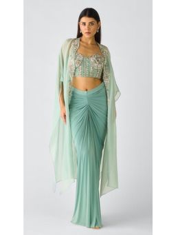 Basanti Kapde aur Koffee - Aqua Viscose Organza Embroidered Cape With Bustier And Draped Skirt