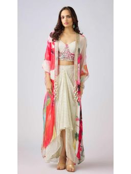 Basanti Kapde aur Koffee - Multi Crepe Embroidered Floral Cape With Skirt And Bustier
