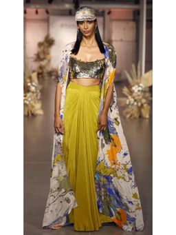 Basanti Kapde aur Koffee - The Chromatic Fusion Cape With Bustier And Skirt