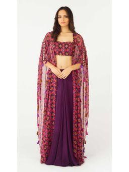 Basanti Kapde aur Koffee - Purple Crepe Embroidered Cape With Skirt And Bustier