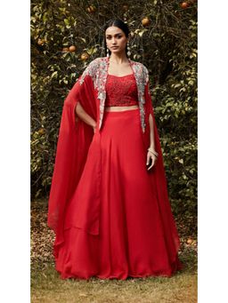 Basanti Kapde aur Koffee - Red Embroidered Cape With Skirt And Bustier