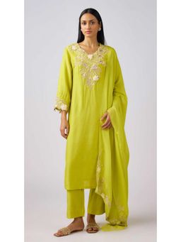 Basanti Kapde aur Koffee - Lime Cotton Embroidered Kurta With Pant And Dupatta