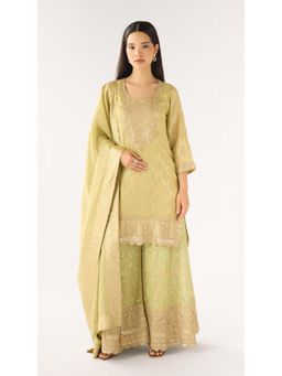 Basanti Kapde aur Koffee - Pista Banarasi Embroidered Kurta With Sharara And Dupatta