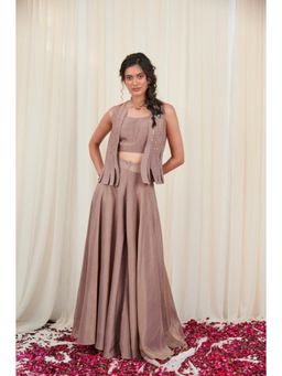 RIRASA - Katak Set Beige Tissue Hand Stitch Work Crop Top And Jacket With Sharara