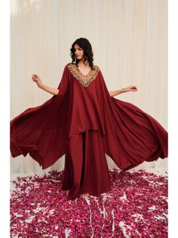 RIRASA - Bhramara Maroon Hand Embroidered Voluminous Cape With Sharara