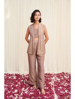 RIRASA - Aral Set Beige Tissue Crop Top With Pants And Embroidered Jacket