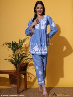 The Chikan Label - Laiba Denim Chikankari Blue Kurti With Pant Co-Ord