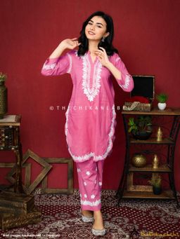 The Chikan Label - Rumi Organic Cotton Chikankari Pink Kurti With Pant Co-Ord