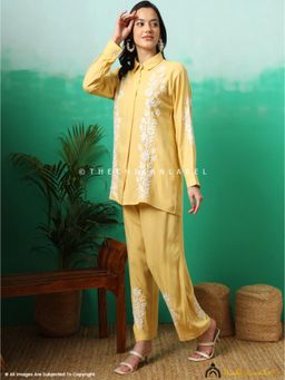 The Chikan Label - Anvika Rayon Chikankari Yellow Shirt With Pant Co-Ord