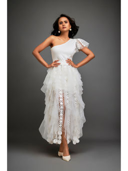 Deepika Arora - Womens Self Design White Skirt With Inner (Set of 2)