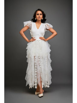 Deepika Arora - Womens Self Design White Skirt With Inner (Set of 2)