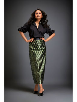 Deepika Arora - Womens Self Design Green Skirt With Inner (Set of 2)