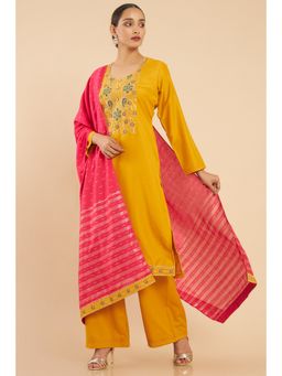 Soch - Women Mustard Embroidered Dress Material (Set of 3)