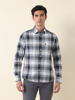 U.S. POLO ASSN. - Men Plaid Checked Tailored Fit Grey Shirt
