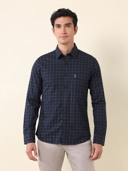 U.S. POLO ASSN. - Men Windowpane Checked Tailored Fit Navy Blue Shirt