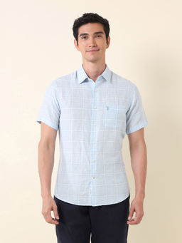U.S. POLO ASSN. - Men Grid Tattersall Checked Tailored Fit Blue Shirt