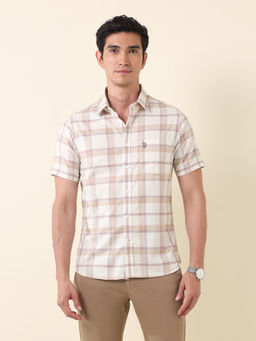 U.S. POLO ASSN. - Men Grid Tattersall Checked Tailored Fit Beige Shirt