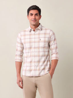 U.S. POLO ASSN. - Men Tailored Fit Grid Tattersall Checked Beige Shirt