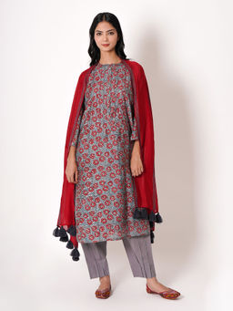 Kameez - Gray Handblock Floral Print Chanderi Kurta with Pant and Dupatta (Set of 3)
