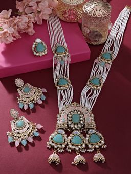 Zaveri Pearls - Pink Mint Green Meenakari Bridal Necklace Earring and Ring Set-Zpfk16145