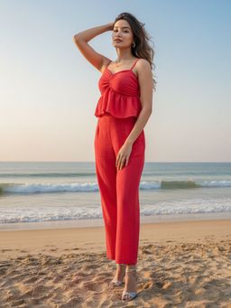 AOBA - Women Red Shoulder Strap Top With Trousers Co-Ords Set