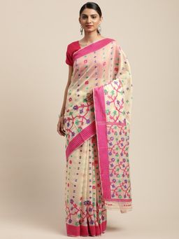 Vastranand - Pink & Cream-Coloured Woven Design Jamdani Saree with Unstitched Blouse