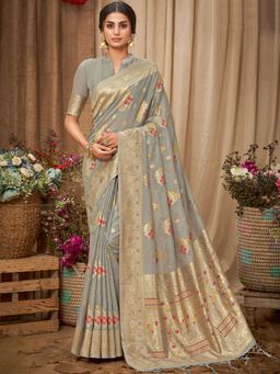 Odette - Grey Heavy Zari Woven Cotton Saree with Unstitched Blouse