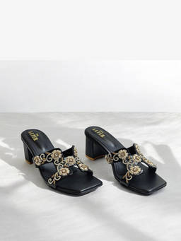 THE ALTER - Meher Black Embroidered Block-Heeled Sandals