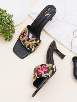 XE Looks - White Embroidered Strap Comfort Heel Sandals