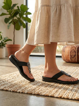 Global Step - Cozyfit Black T-Strap Flats