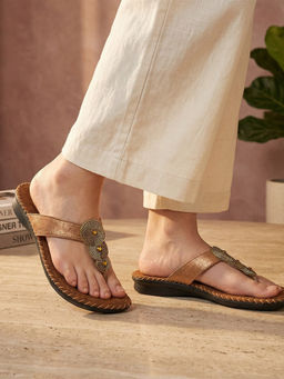 Global Step - Cozyfit Tan T-Strap Flats