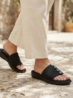 Global Step - Buttoned Softies Black Open Toe Flats