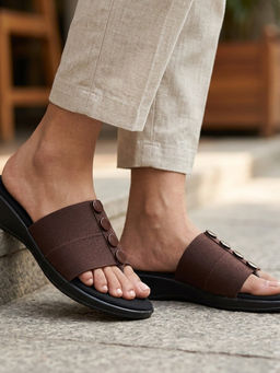 Global Step - Buttoned Softies Brown Open Toe Flats