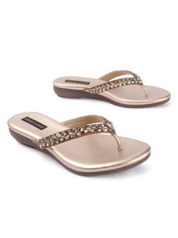 D'Shoe Lounge - Women Embellished Gold T-Strap Flats