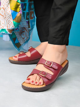Pelle Albero - Burgundy Leather Orthopedic Flat Sandals