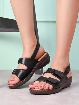 Pelle Albero - Women Black Leather Flat Orthopedic Sandals