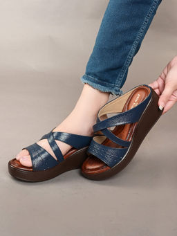 Pelle Albero - Blue Leather Slip-On Wedge Heel Sandals