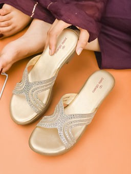 Pelle Albero - Gold Colour Embellished Wedges Heel Sandals