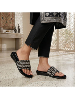 Global Step - Shimmergrid Black Open Toe Flats