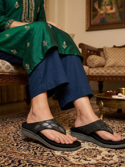 Global Step - Orniva Embellished Fabric Black T-Strap Flats