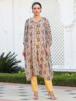 Jaipur Kurti - Beige Mirror Work Embroidered Georgette Kaftan with Tassels and Slip (Set of 2)