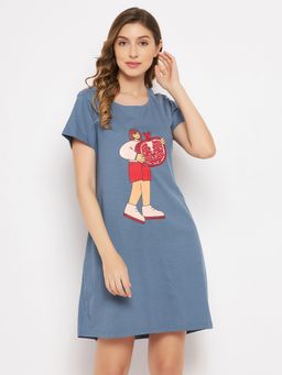 Clovia - Graphic Print Short Nightdress in Blue Pure Cotton