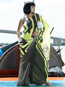 Boveee - Fierce Digital Printed Satin Georgette Saree with Unstitched Blouse